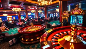 Moments gagnants aux meilleurs casinos en ligne avec des joueurs célébrant aux tables de poker et aux roues de roulette.