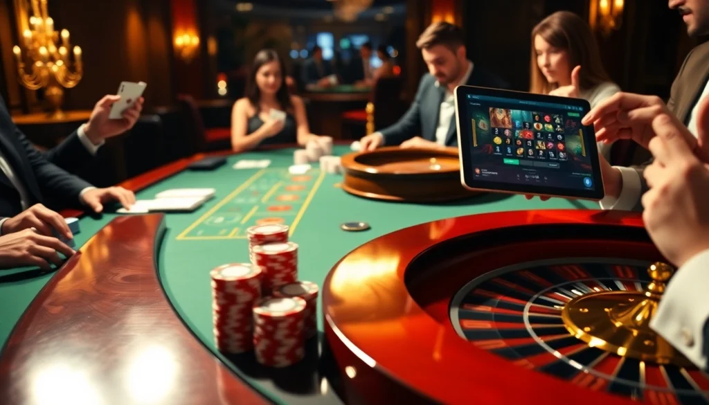 Interagir avec les meilleurs casino en ligne à une table vibrante avec des jetons de poker et des cartes.