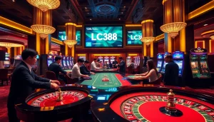 Players enjoying exciting games at LC88 casino with vibrant atmosphere and modern tables.