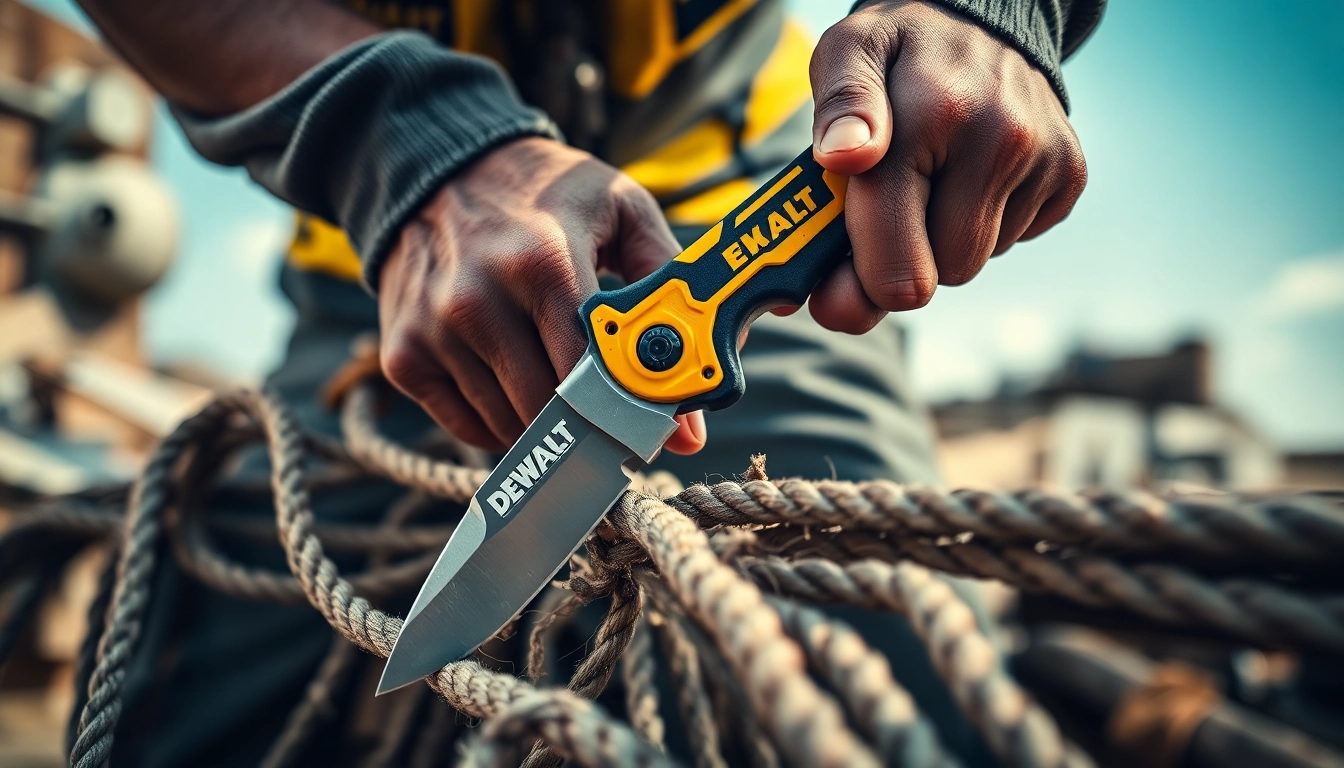 Dewalt knife slicing through rugged materials, showcasing its sharpness and ergonomic design.
