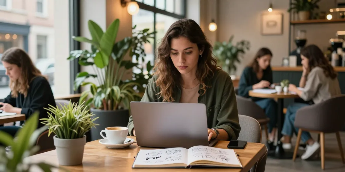 Urban scene with woman focused on nsfw content in a cozy coffee shop.