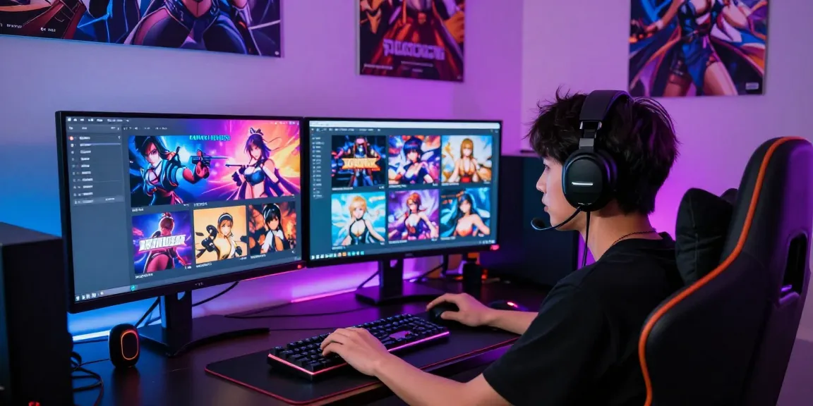 Engaged gamer playing html hentai game on dual monitors in a vibrant setup.
