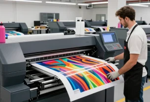 Professional operator adjusting settings on poster printer machines in a vibrant print shop environment.
