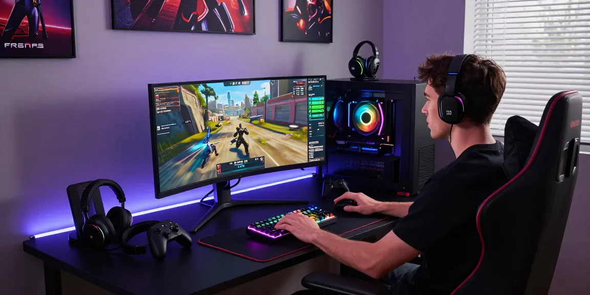 Gaming workstation setup featuring a gamer engaged in a thrilling experience, showcasing a modern desk with ultrawide monitor and vibrant RGB lighting.