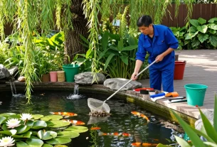 Pond cleaning Surrey professional maintaining a serene backyard pond.