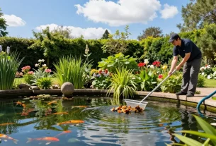Pond Cleaning Surrey service expert removing debris from a beautifully maintained pond surrounded by vibrant greenery.