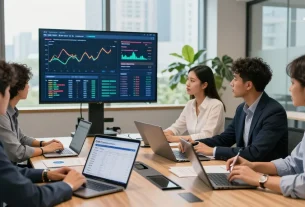 Team collaborating in a modern banking office, showcasing CIBC digital business solutions with analytics on screen and laptops.