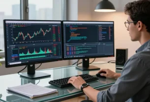 Trader using mt5 for automated trading in a modern workspace