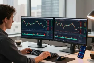 Trader using MetaTrader 4 on dual monitors in a modern trading setup with charts and data.