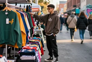 Youth exploring trendy fashion items at market stall featuring Kakobuy spreadsheet selections in an urban setting.
