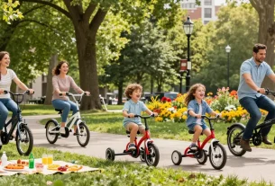Families enjoying tricycles in a sunny park, showcasing fun activities.