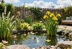 Stunning view of marginal pond plants enhancing a tranquil garden landscape with colorful blooms and lush greenery.