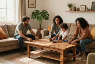 شراء اثاث مستعمل بالرياض - Family arranging second-hand furniture in a cozy Riyadh living room.