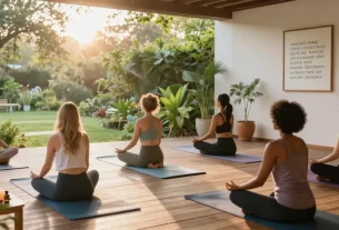 Health-focused friends practicing yoga outdoors in a serene garden, promoting wellness and connection.