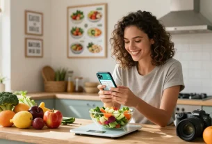 Woman using the best macro tracker app to log meals in a bright kitchen.